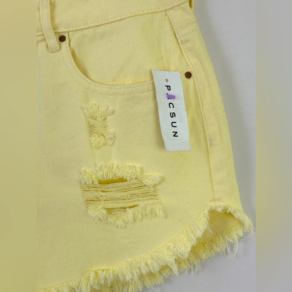 PAC SUN Lemon Drop Yellow High Rise Distressed/Frayed edge Mini Denim Sh… - Picture 3 of 8